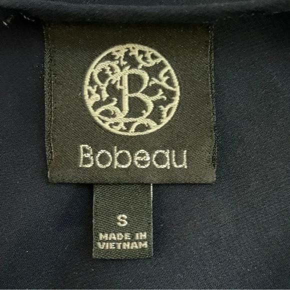 Bobeau Sheer Blouse with Light Gold Polka Dots | Navy BlueTop with Tie Sleeves - Picture 4 of 6